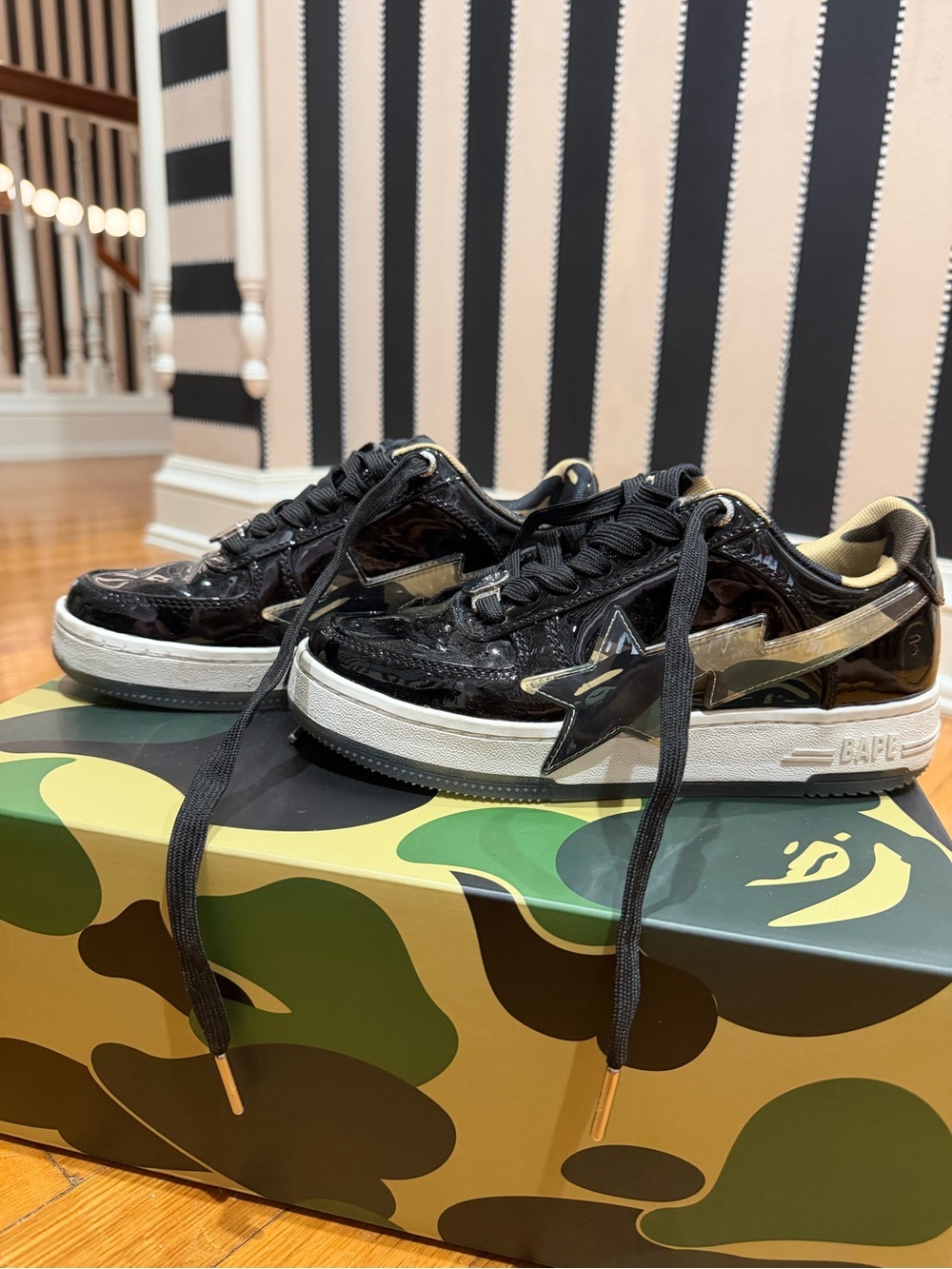 Bape Black Patent Low-Top Sneakers with Gold Star Accent
